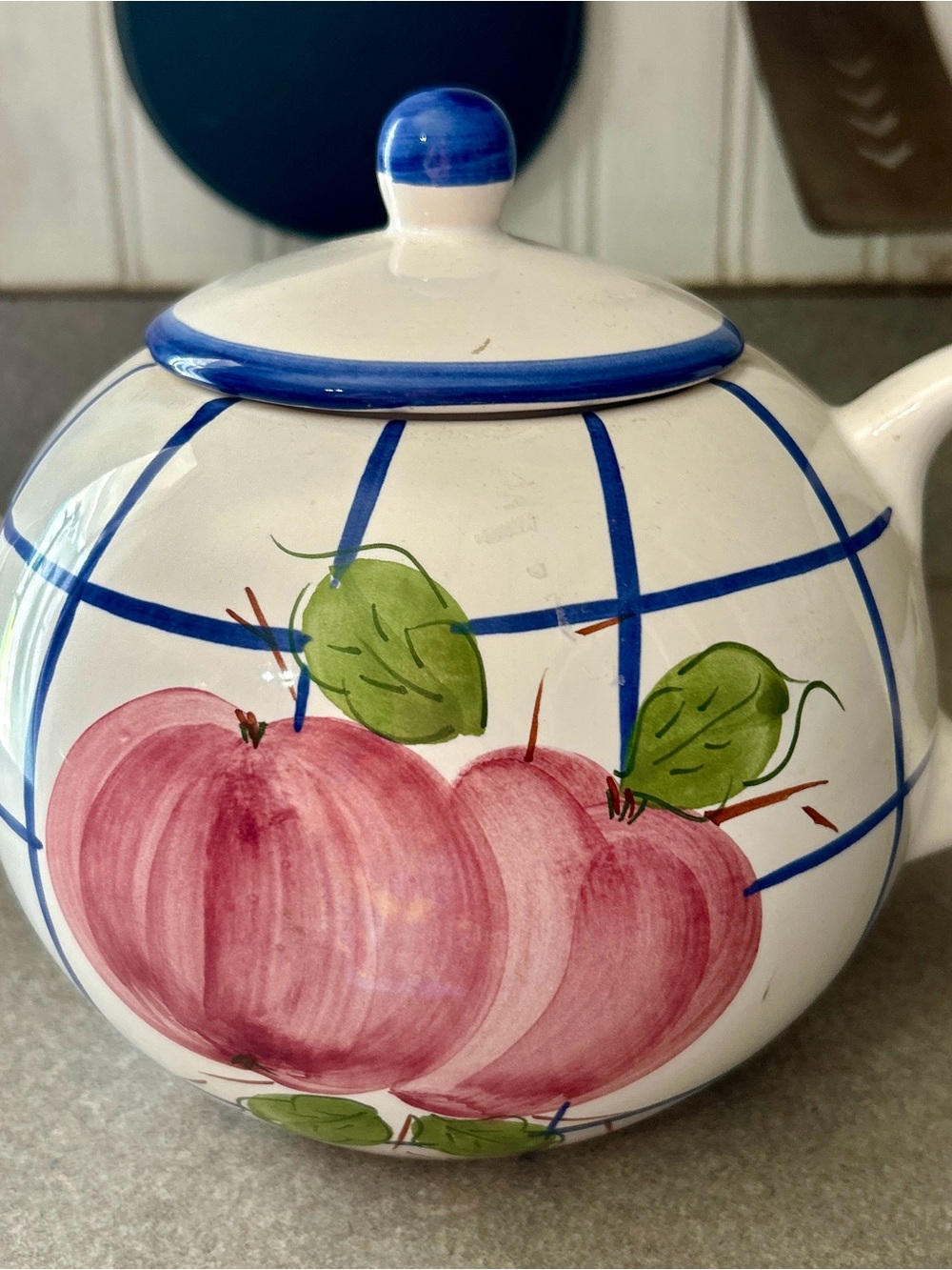 Hand-Painted Ceramic Teapot with Pink Apple Motif and Blue Trim